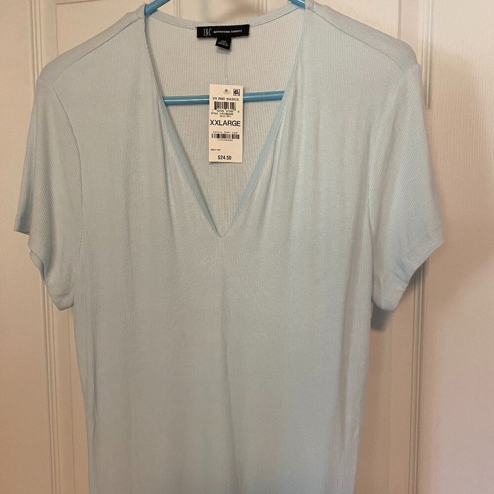 INC Woman's XXL Light Blue V-neck Ribbed Knit Top NWT